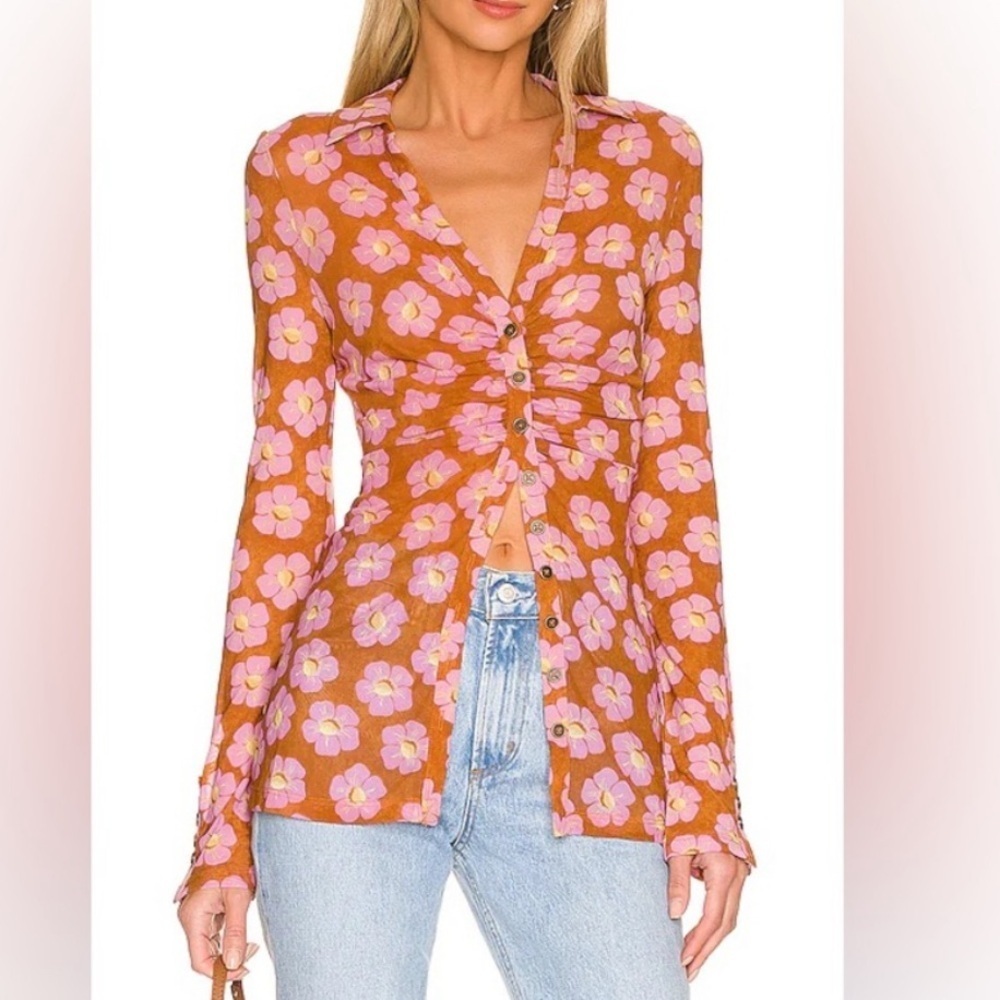 Free People Floral 60s inspired, sheer Button-Up Top in Pink and Orange